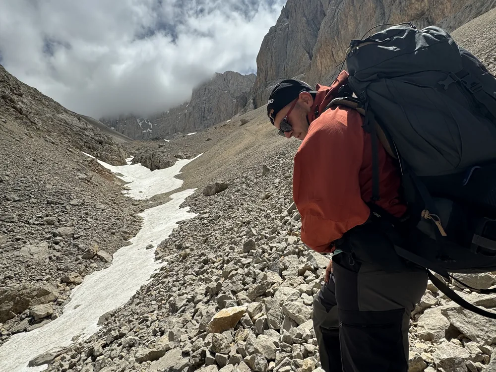 Hiking gear in alpine terrain
