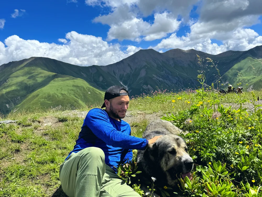 Caucasus meadow with Anatolian shepherd dog